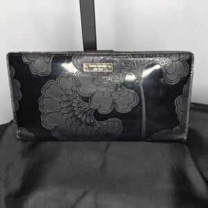 Kate Spade Black Patent Leather Floral Embossed Zip Around Wallet